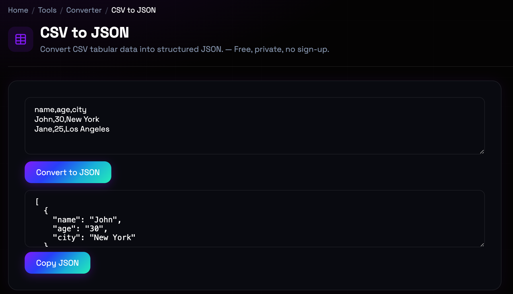 How to use CSV to JSON online — free, fast, and private